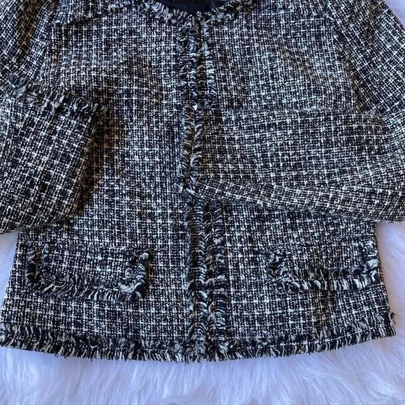 Worthington Sz Med Blazer Tweed Zip Up Jacket Womens Black White Fringe Career - Picture 2 of 10